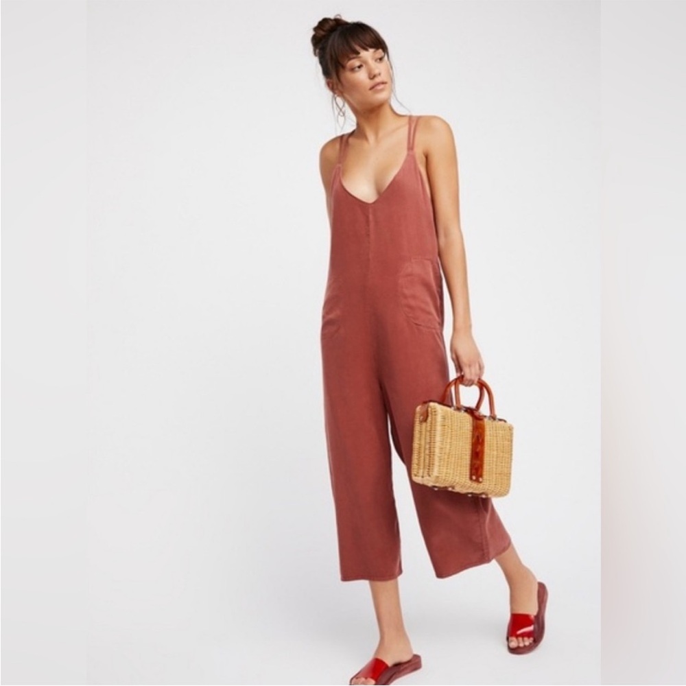 Free People Rust Orange Cropped Wide Leg Relaxed Fit Soft Jumpsuit Small